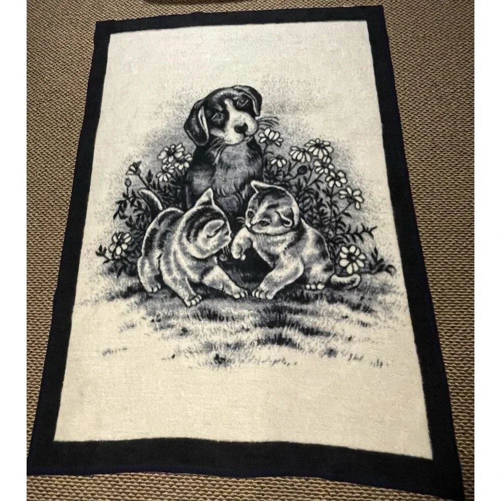 Vtg Biederlack Twin Blanket Puppy Kittens Kitty Blue Rare Made In USA 54